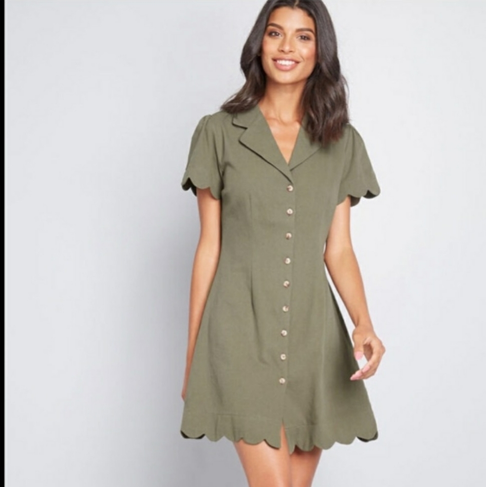 Modcloth Louche Cotton Olive Green Retro 40s Scalloped Hem & Sleeves Shirt Dress
